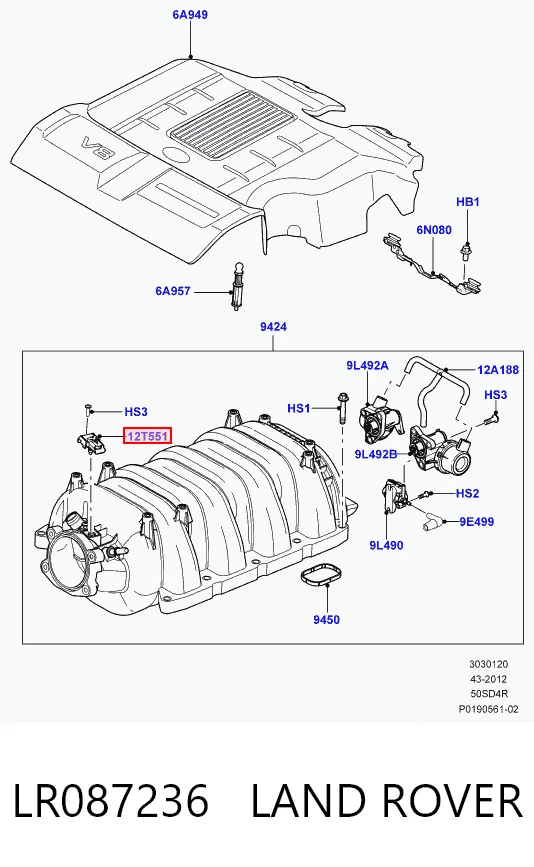 LR087236 Land Rover Sensor, presión colector de admisión 