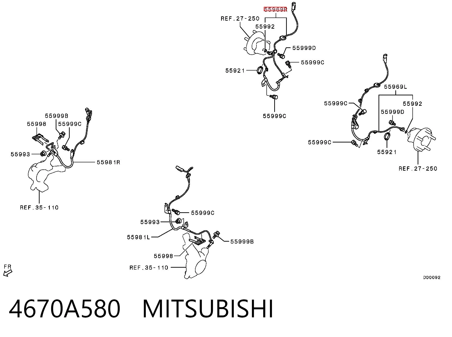 4670A580 Mitsubishi Sensor ABS, rueda trasera derecha