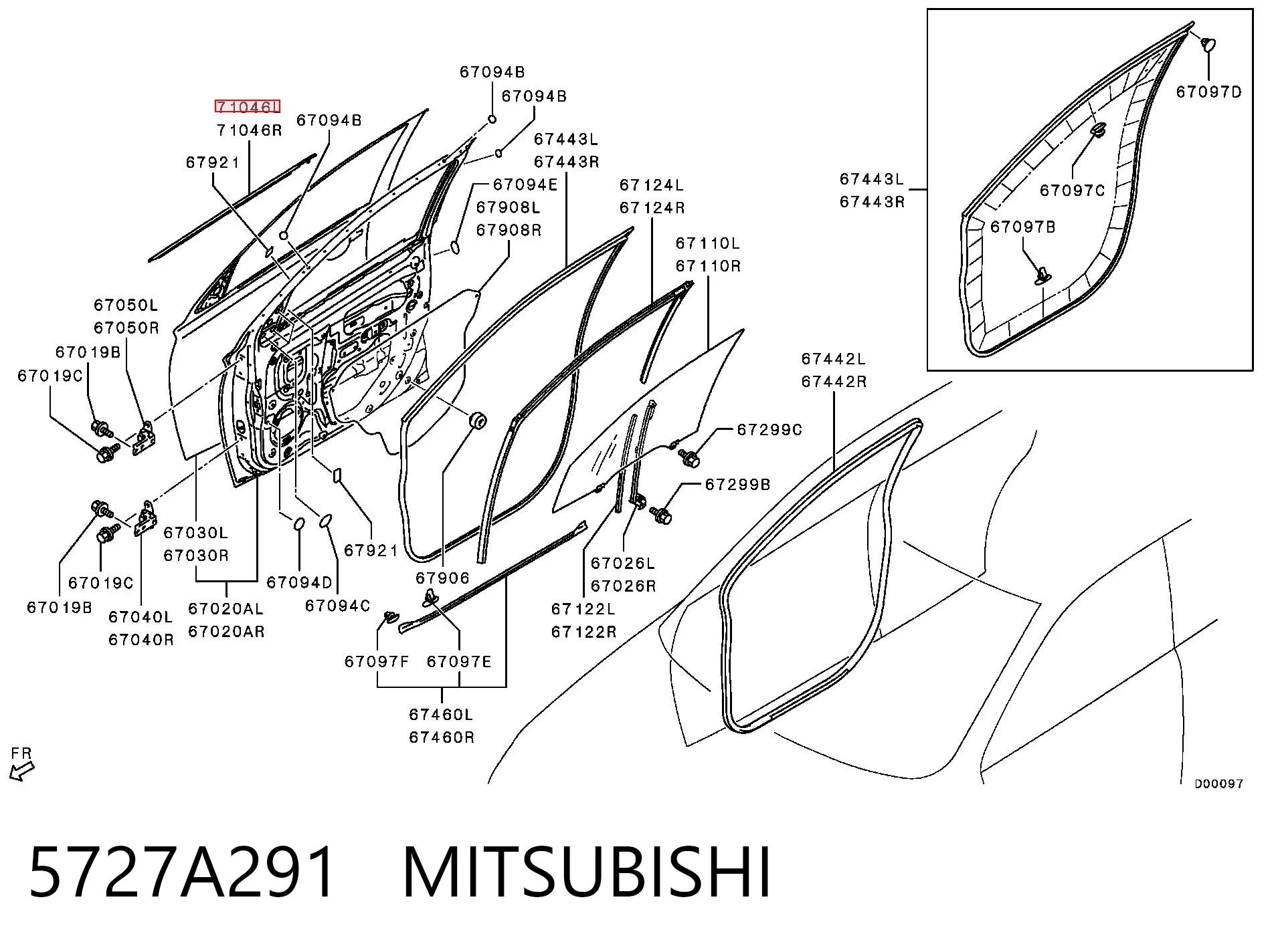 5727A291 Mitsubishi Moldura de cristal de la puerta delantera izquierda