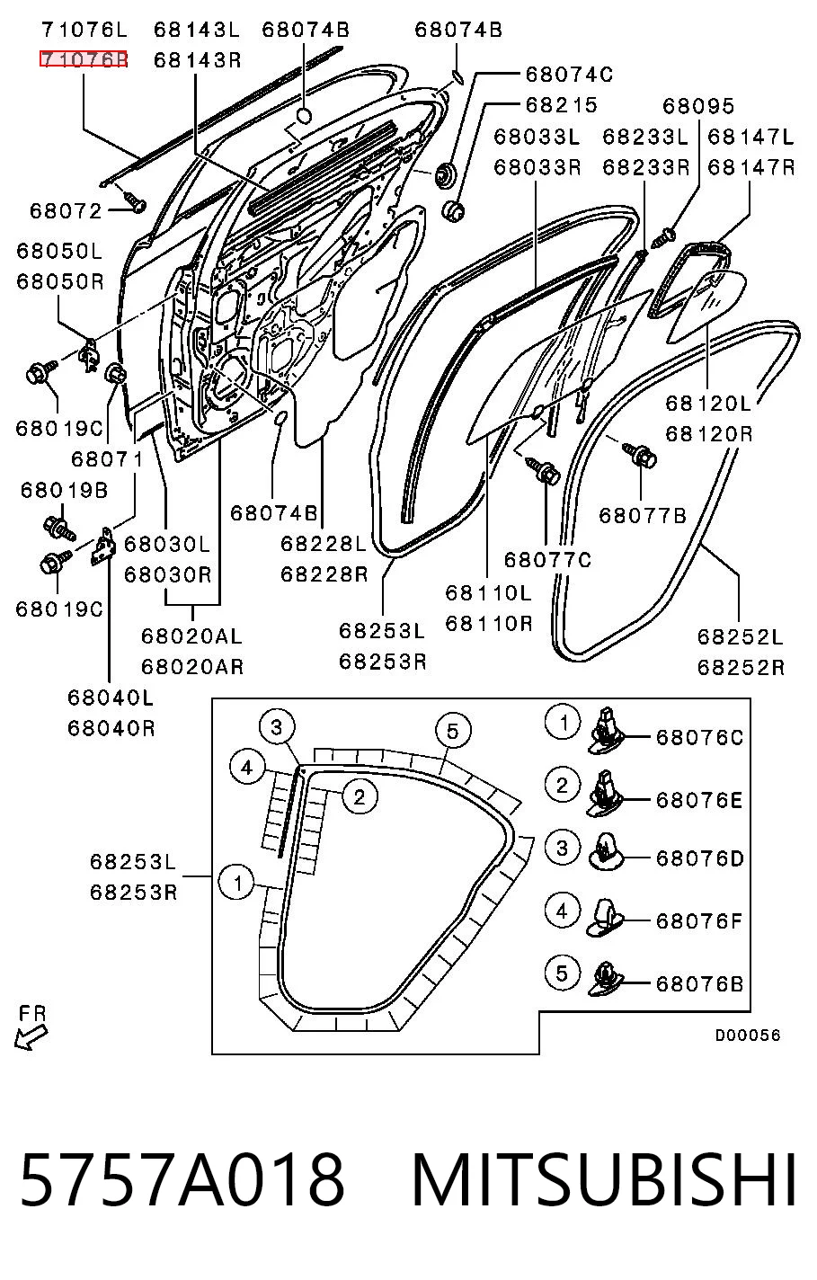 5757A018 Mitsubishi Moldura de cristal de la puerta trasera derecha