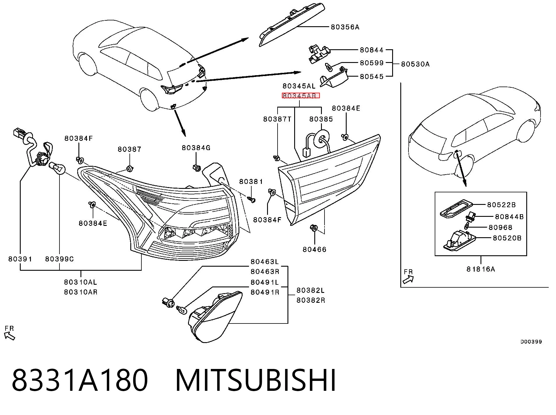 8331A180 Mitsubishi Piloto trasero interior derecho