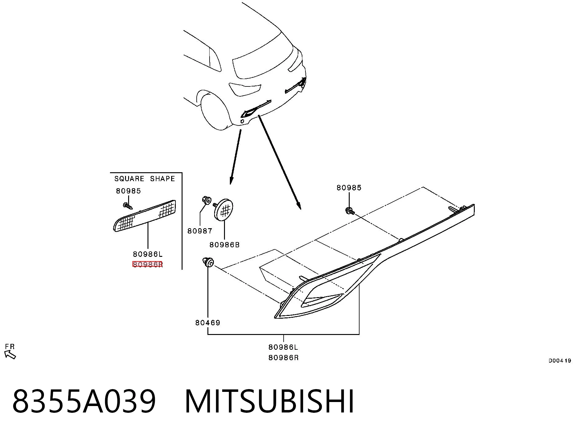 8355A039 Mitsubishi Reflector, paragolpes trasero, izquierdo