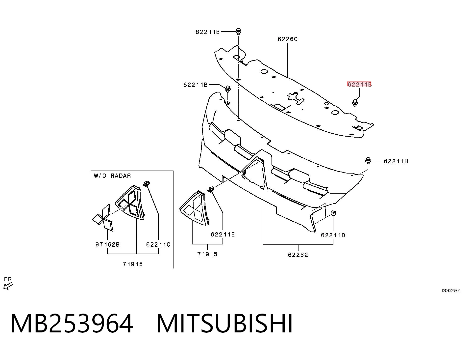 MB253964 Mitsubishi Clip de fijación del guardabarros delantero