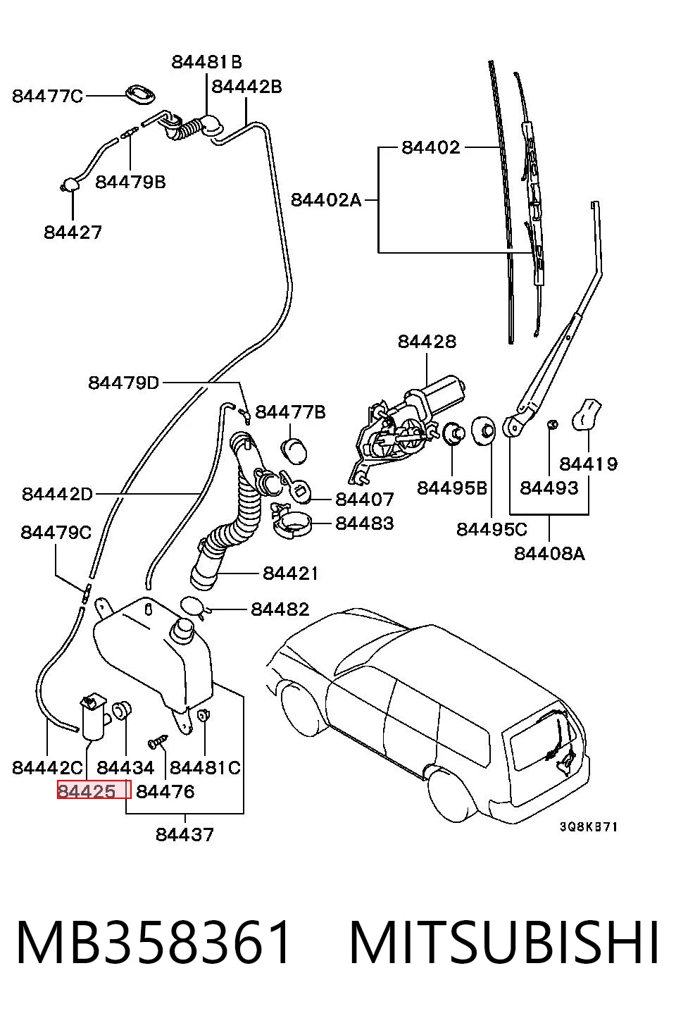 MB358361 Mitsubishi Bomba-motor del lavaparabrisas trasero