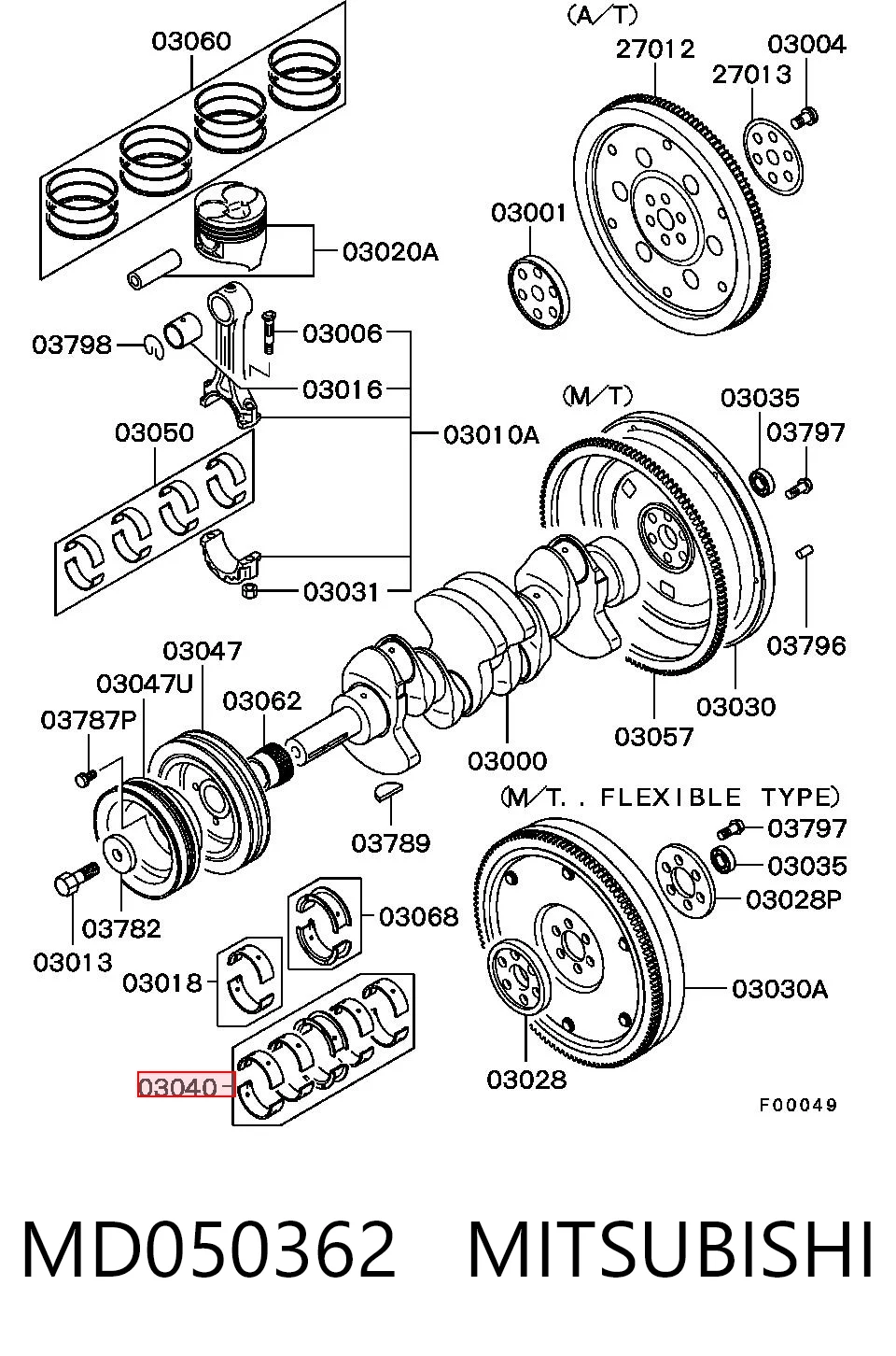Juego de cojinetes de cigüeñal, cota de reparación (+0,50 mm) MD050362 MITSUBISHI