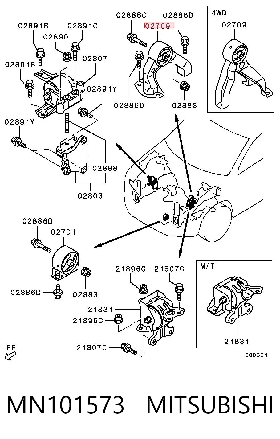 MN101573 Mitsubishi Soporte trasero derecho del motor