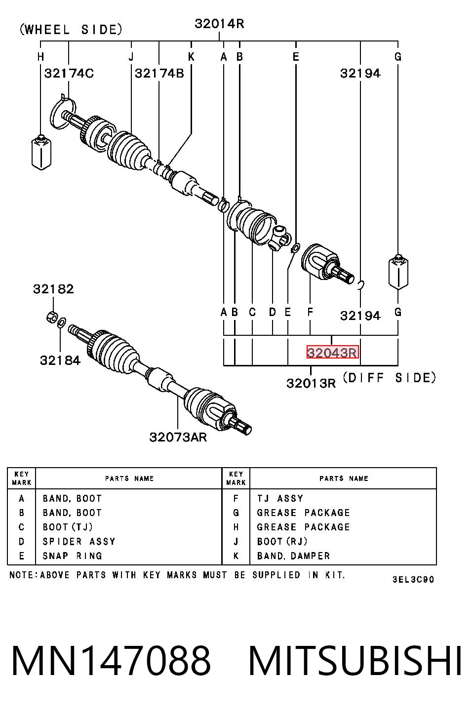 Junta homocinética interna delantera derecha MN147088 MITSUBISHI