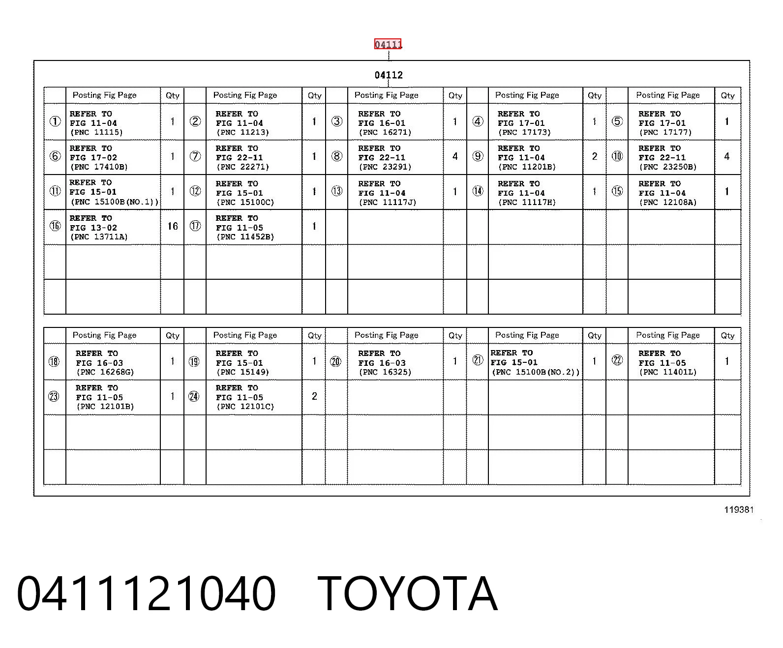 0411121040 Toyota Juego juntas motor