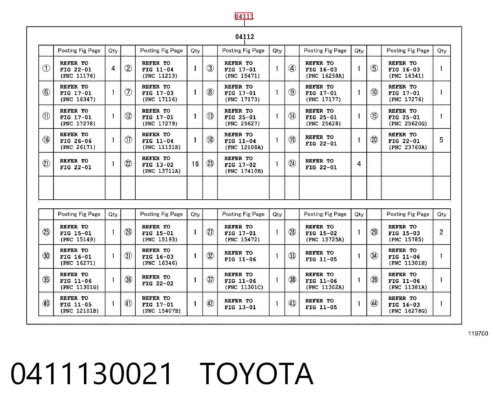 0411130021 Toyota Juego juntas motor