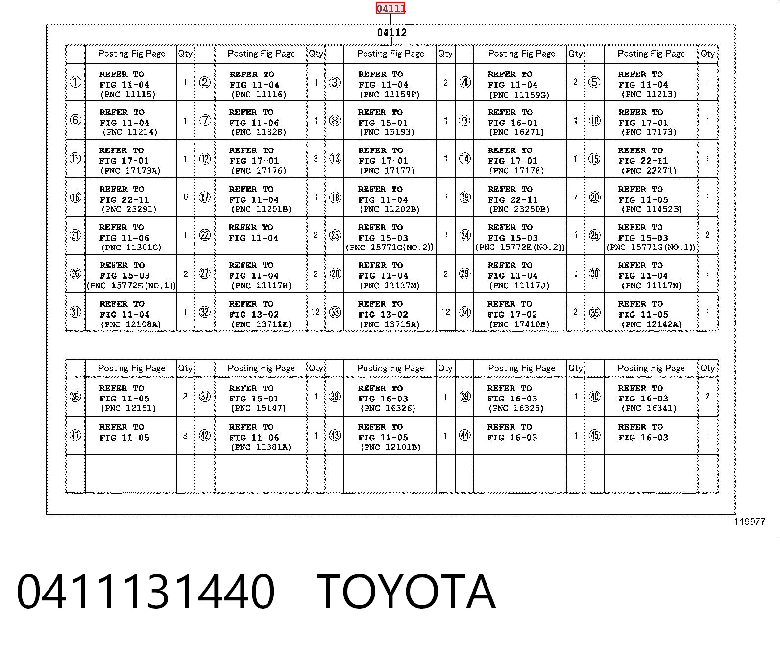 0411131440 Toyota Juego juntas motor