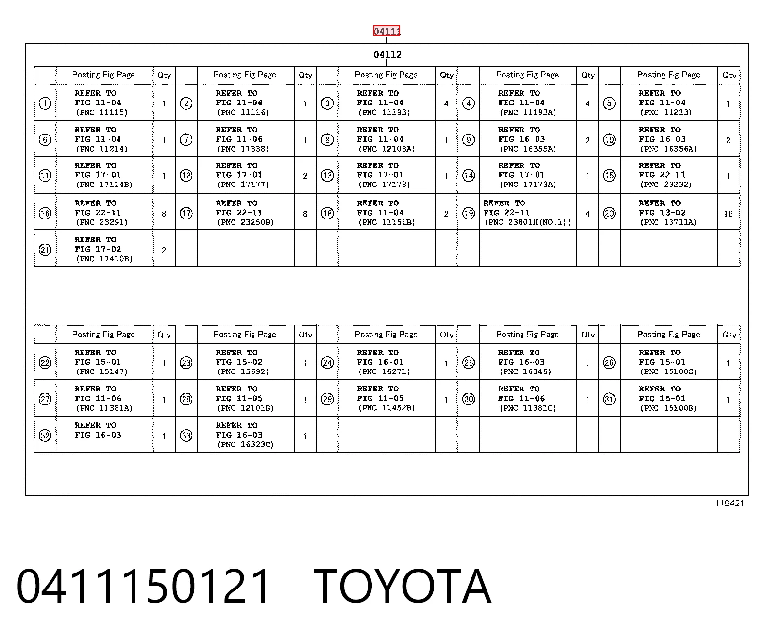 0411150121 Toyota Juego juntas motor