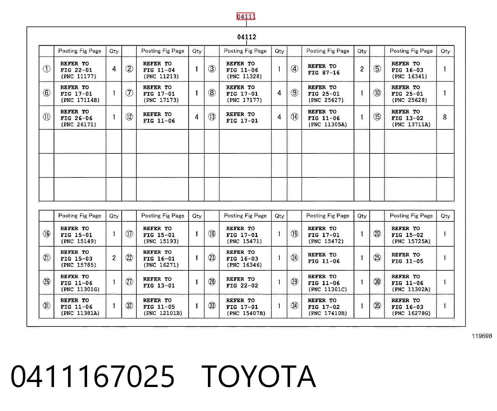 0411167025 Toyota Juego juntas motor