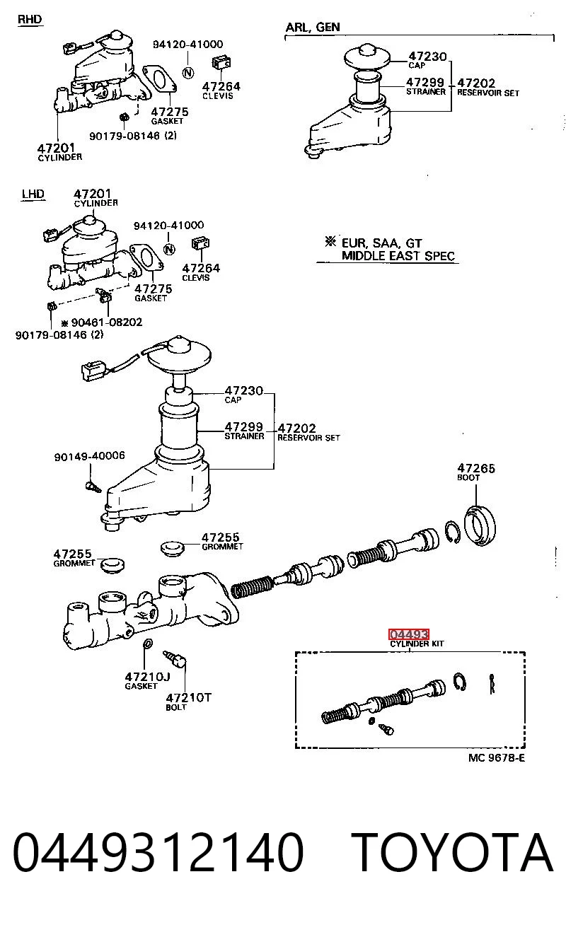 Juego de reparación del cilindro maestro de freno 0449312140 TOYOTA