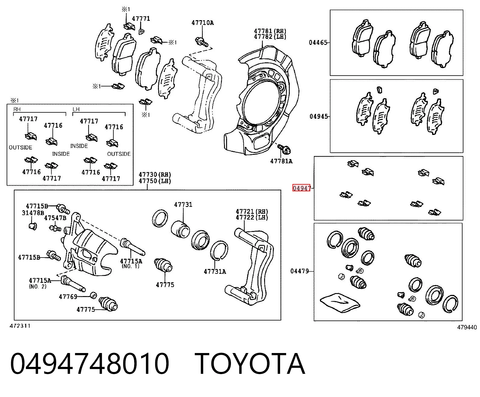 0494748010 Toyota Juego de resortes de sujeción de pastillas de freno delanteras