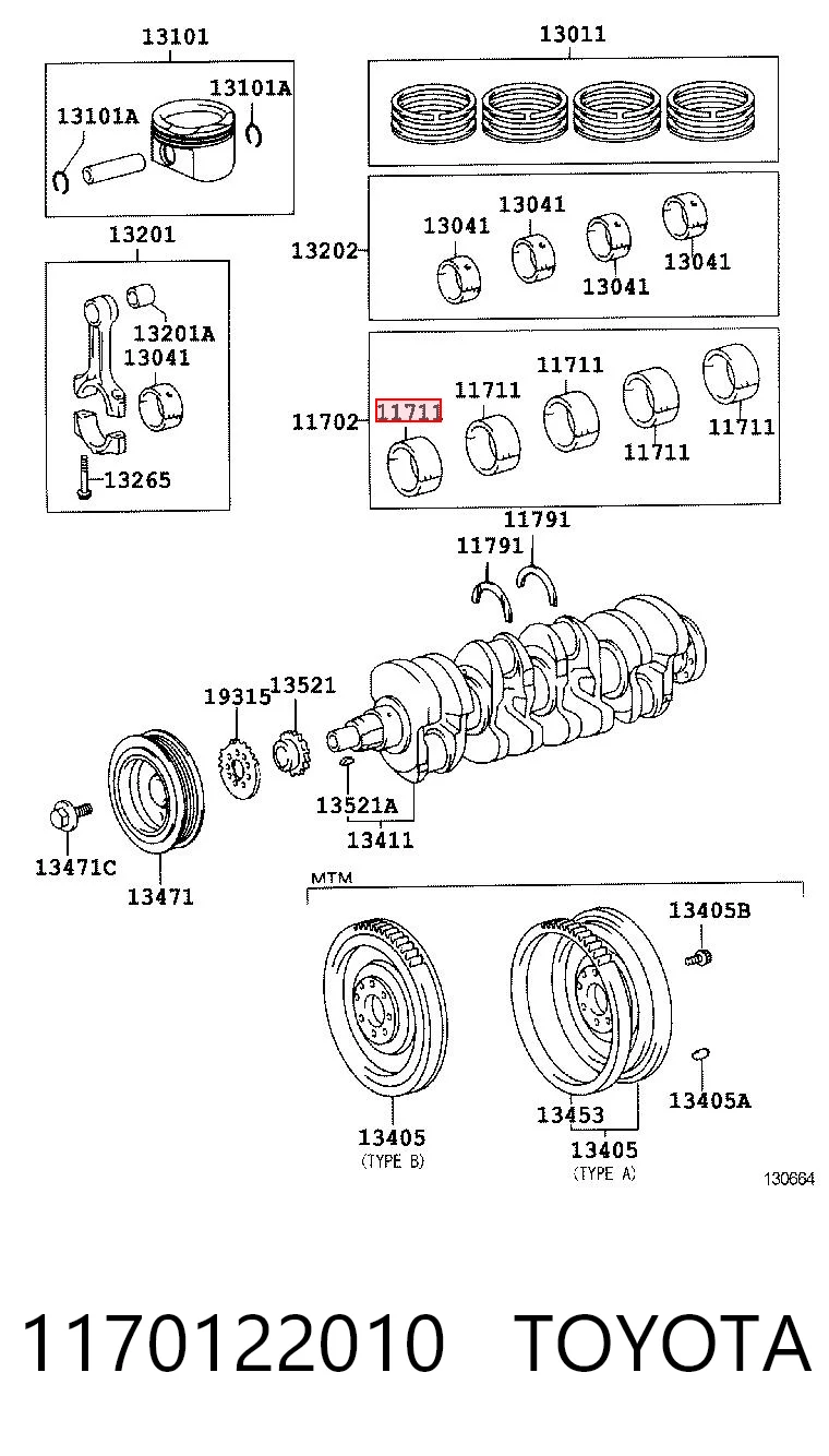 1170122010 Toyota Juego de cojinetes de cigüeñal, estándar, STD