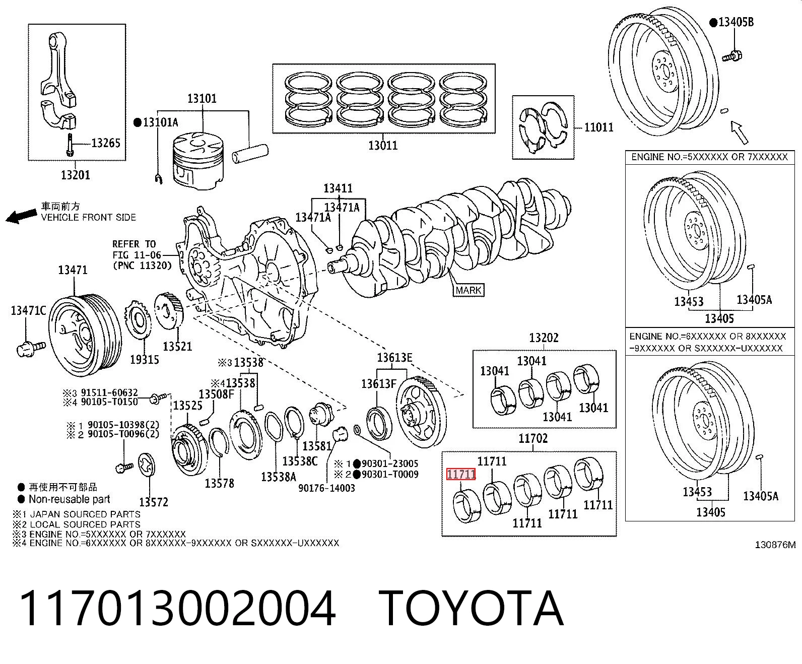 117013002004 Toyota Juego de cojinetes de cigüeñal, estándar, STD