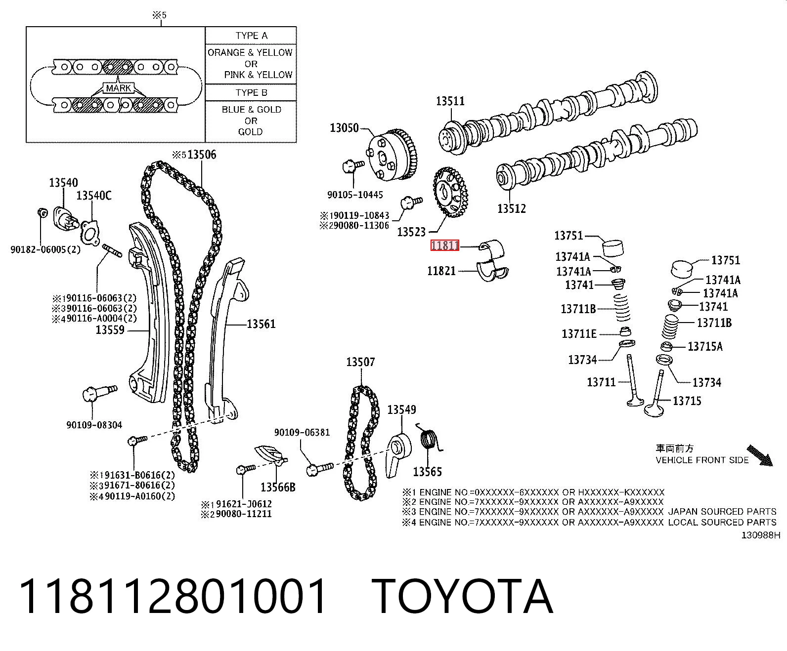 118112801001 Toyota Cojinete de árbol de levas para un muñón, estándar