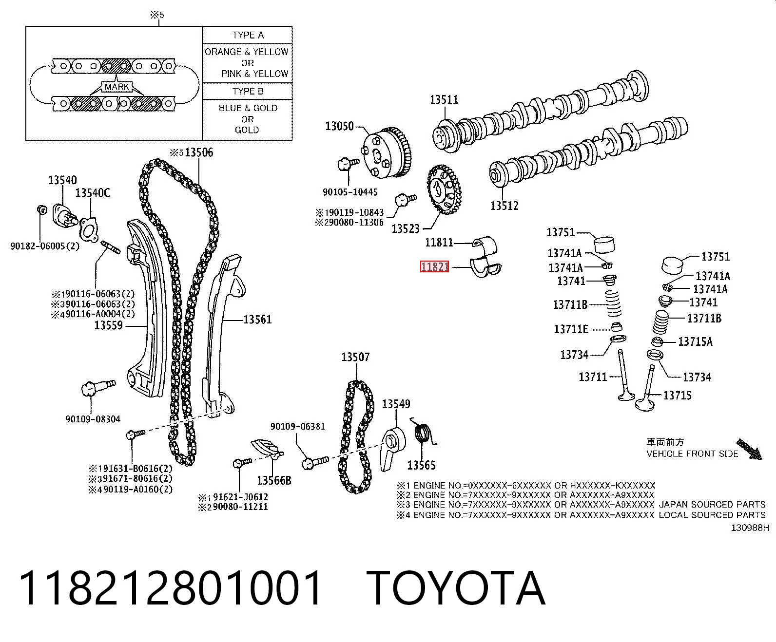 118212801001 Toyota Cojinete de árbol de levas para un muñón, estándar