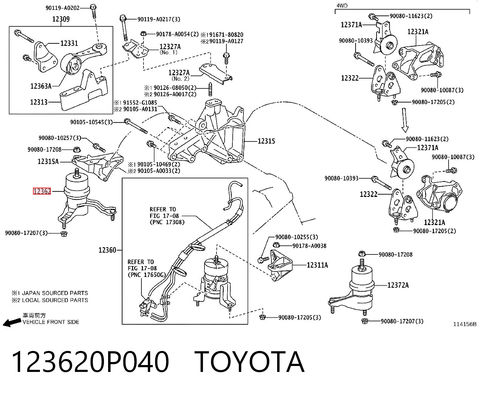 123620P040 Toyota Soporte de motor derecho