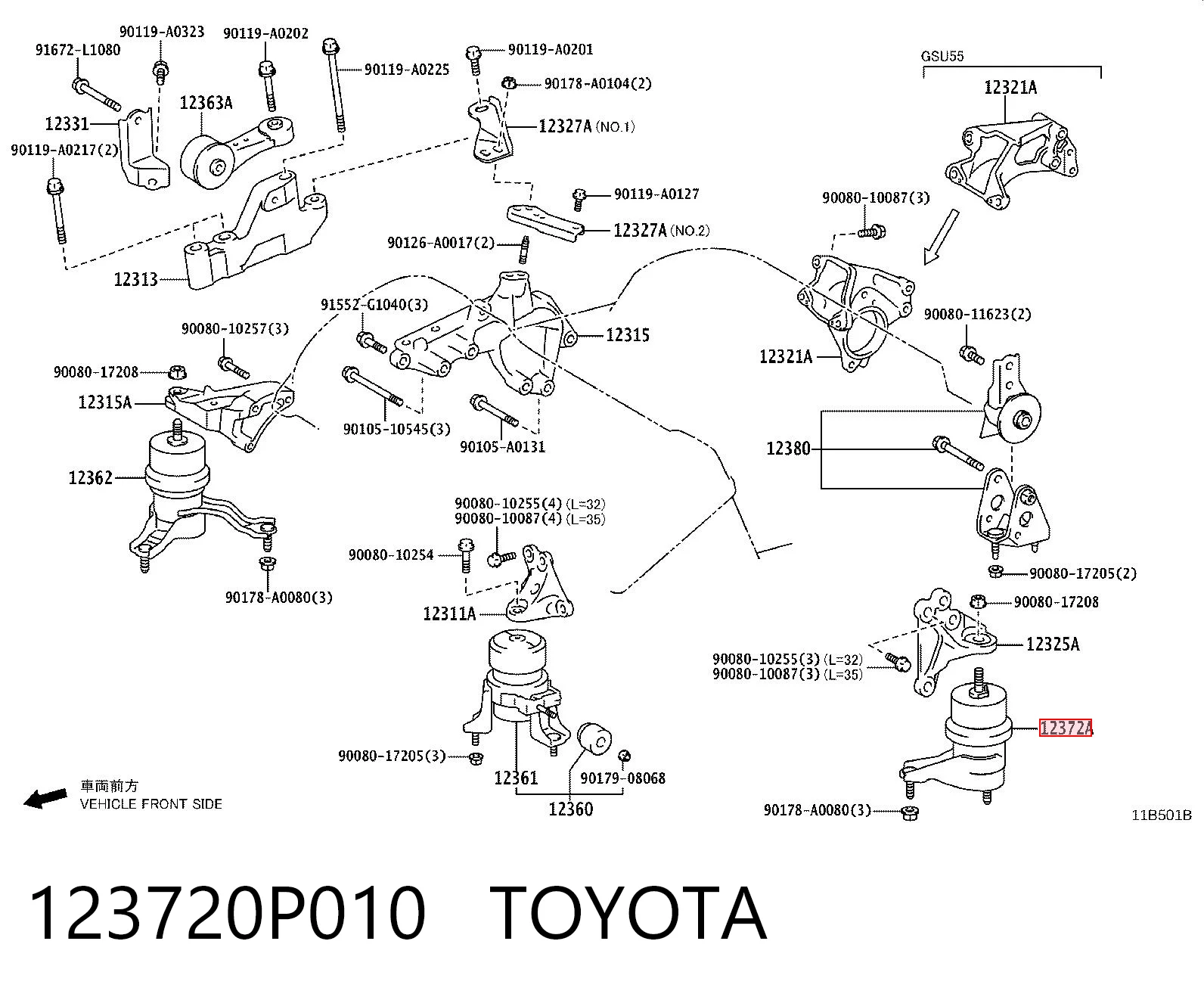 123720P010 Toyota Cojín del motor