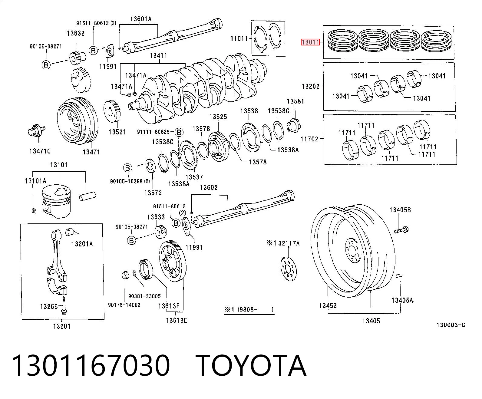 1301167030 Toyota Juego de anillos de pistón, motor, STD