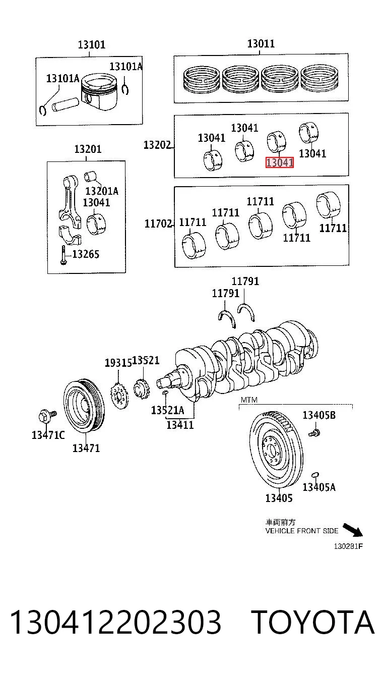 130412202303 Toyota Juego de cojinetes de cigüeñal, cota de reparación (+0,25 mm)