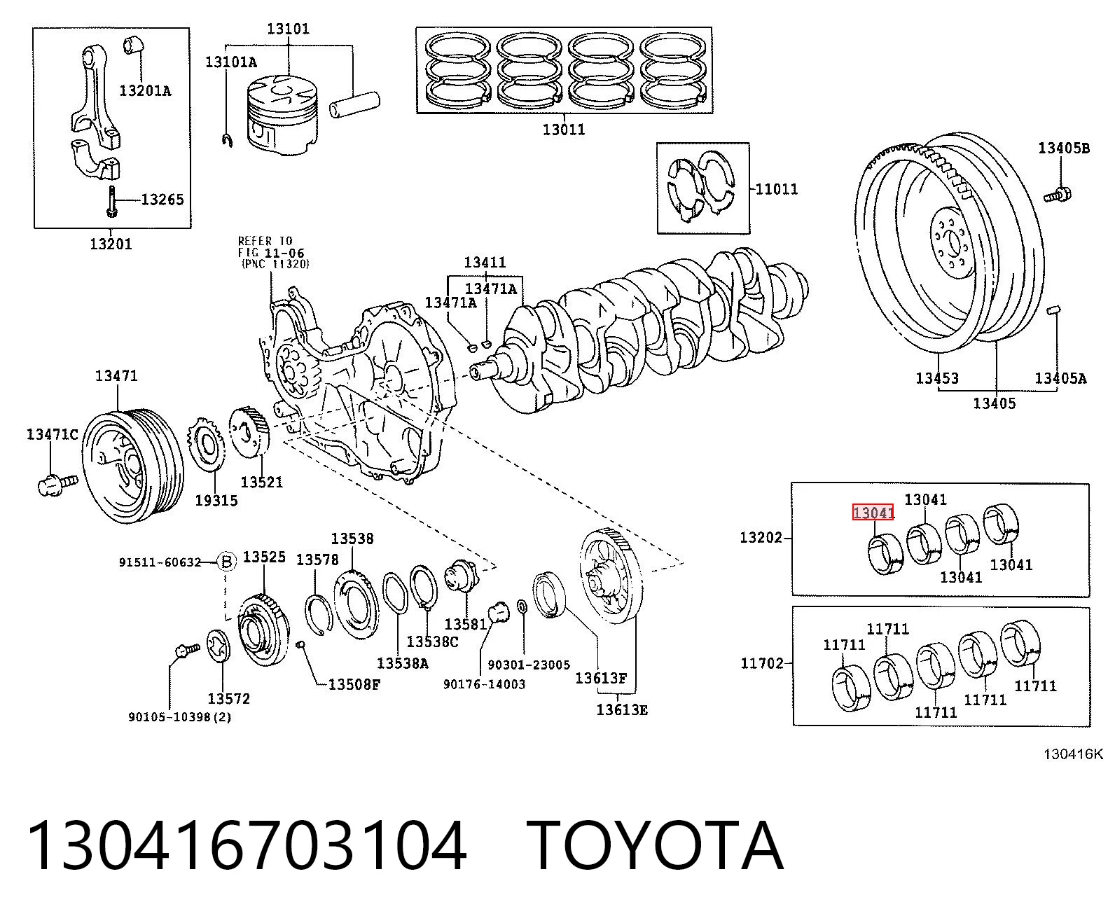 130416703104 Toyota Juego de cojinetes de cigüeñal, cota de reparación (+0,25 mm)