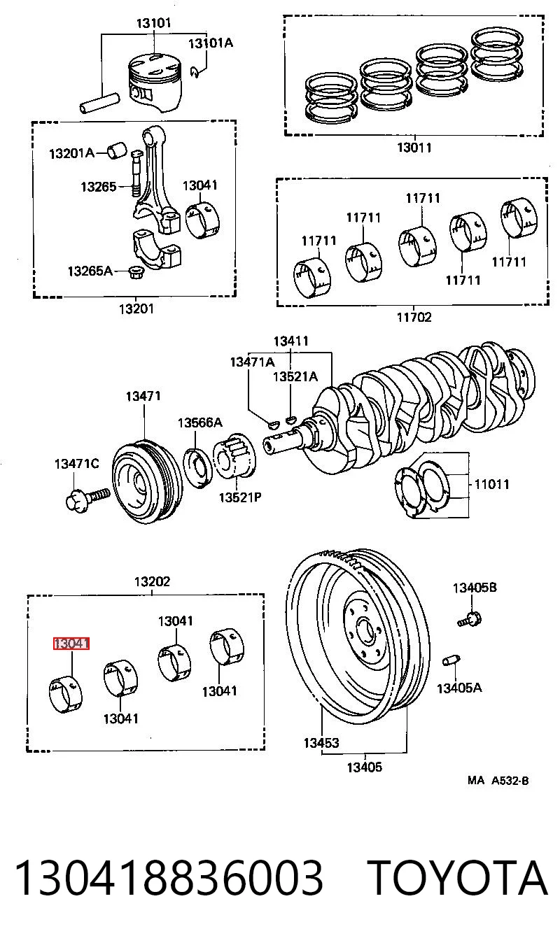 130418836003 Toyota Juego de cojinetes de cigüeñal, cota de reparación (+0,25 mm)