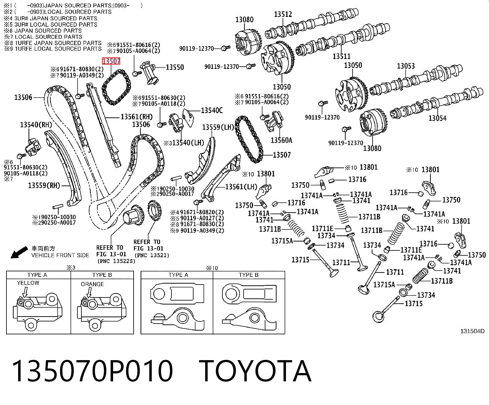 135070P010 Toyota Cadena de distribución superior