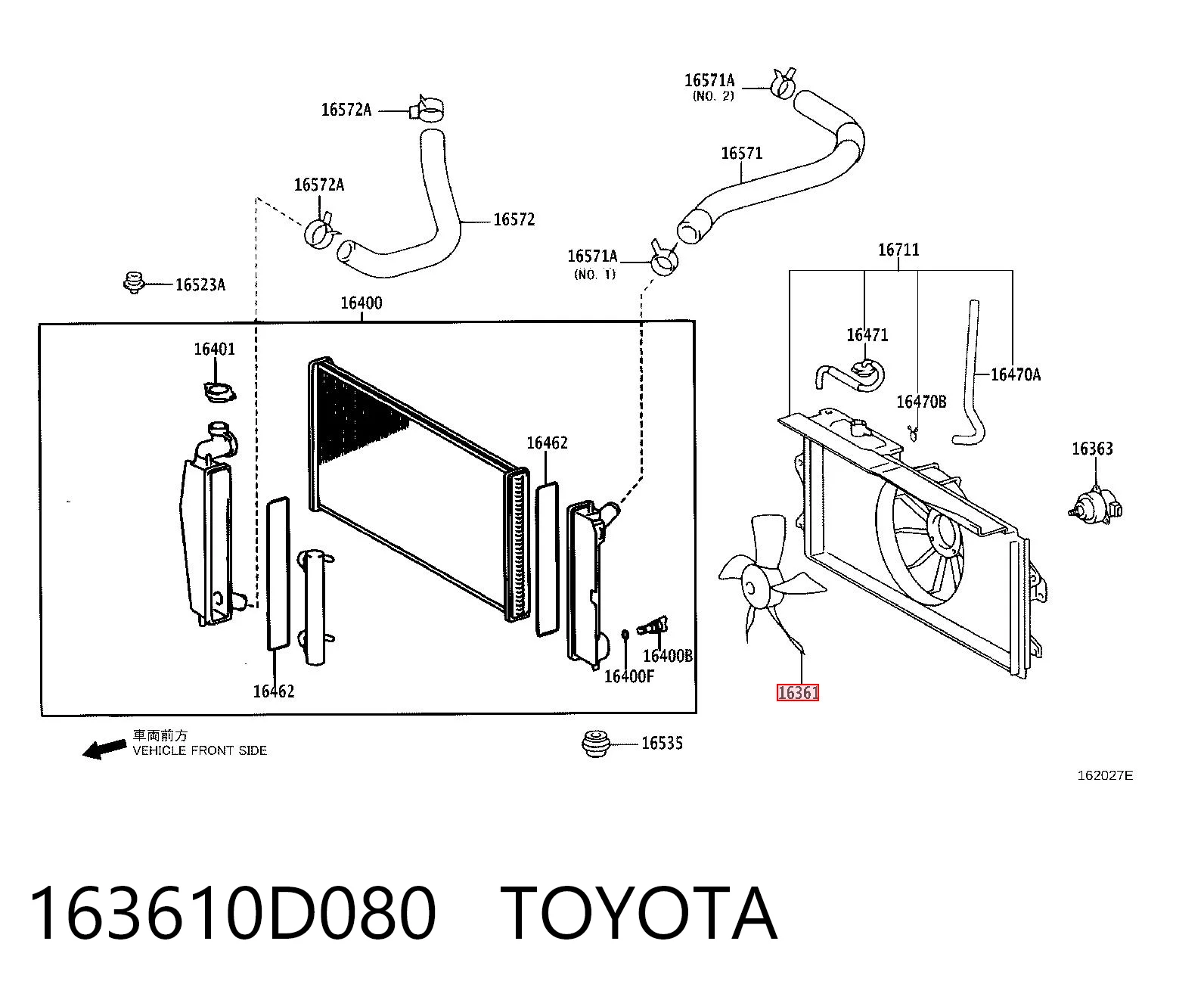 163610D080 Toyota Ventilador izquierdo del radiador de refrigeración