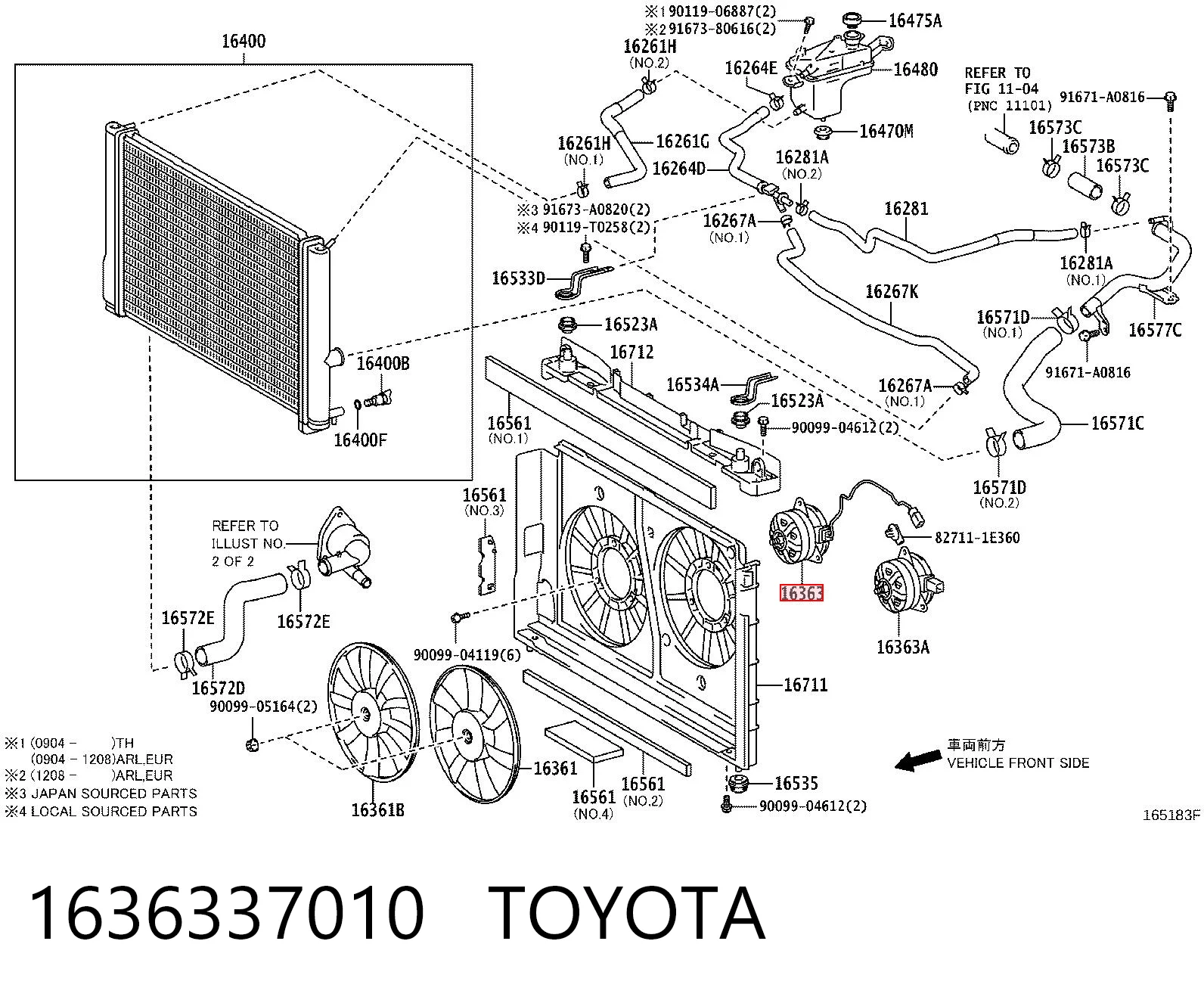 1636337010 Toyota Motor del ventilador de refrigeración derecho