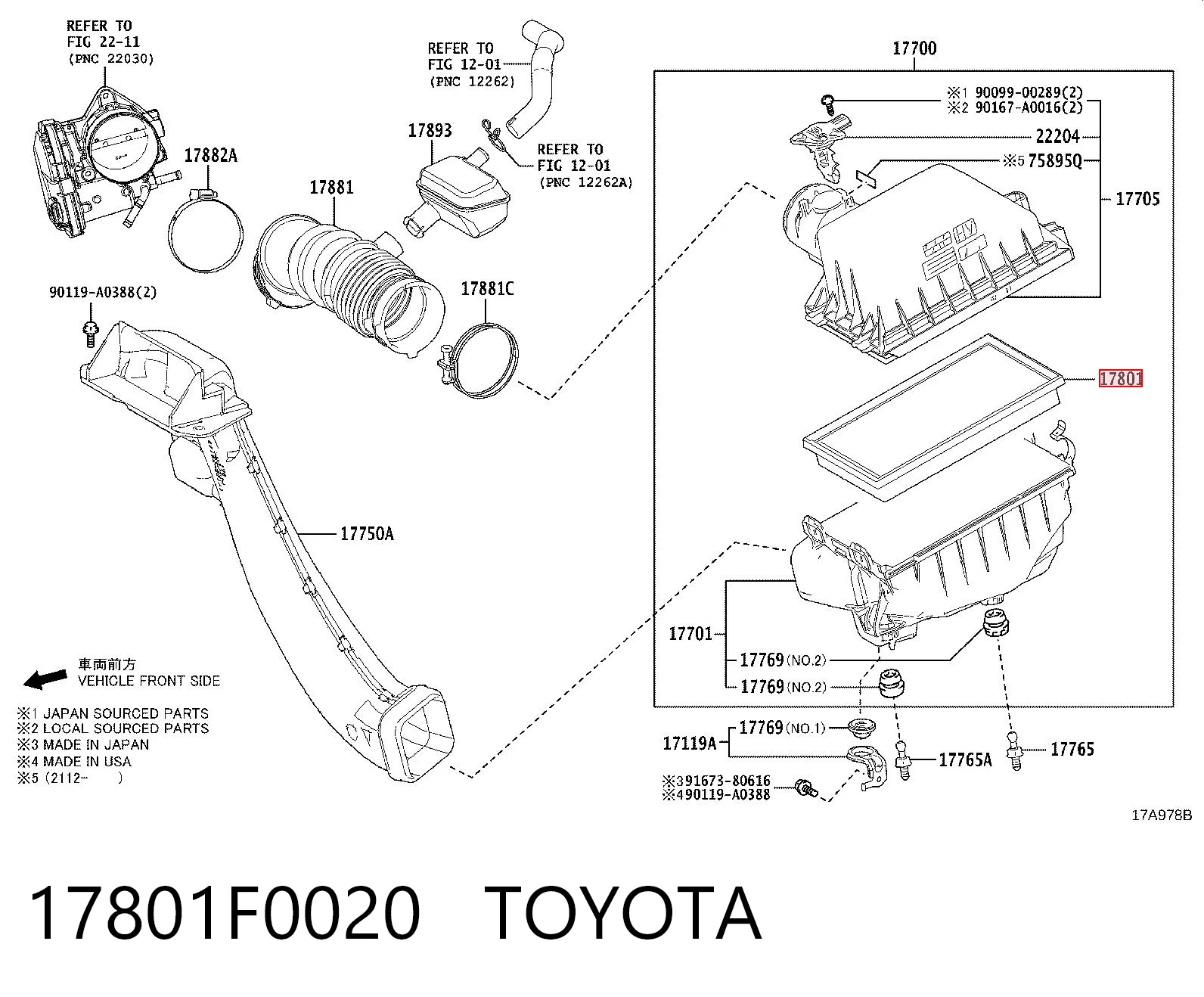 17801F0020 Toyota Filtro de aire de motor