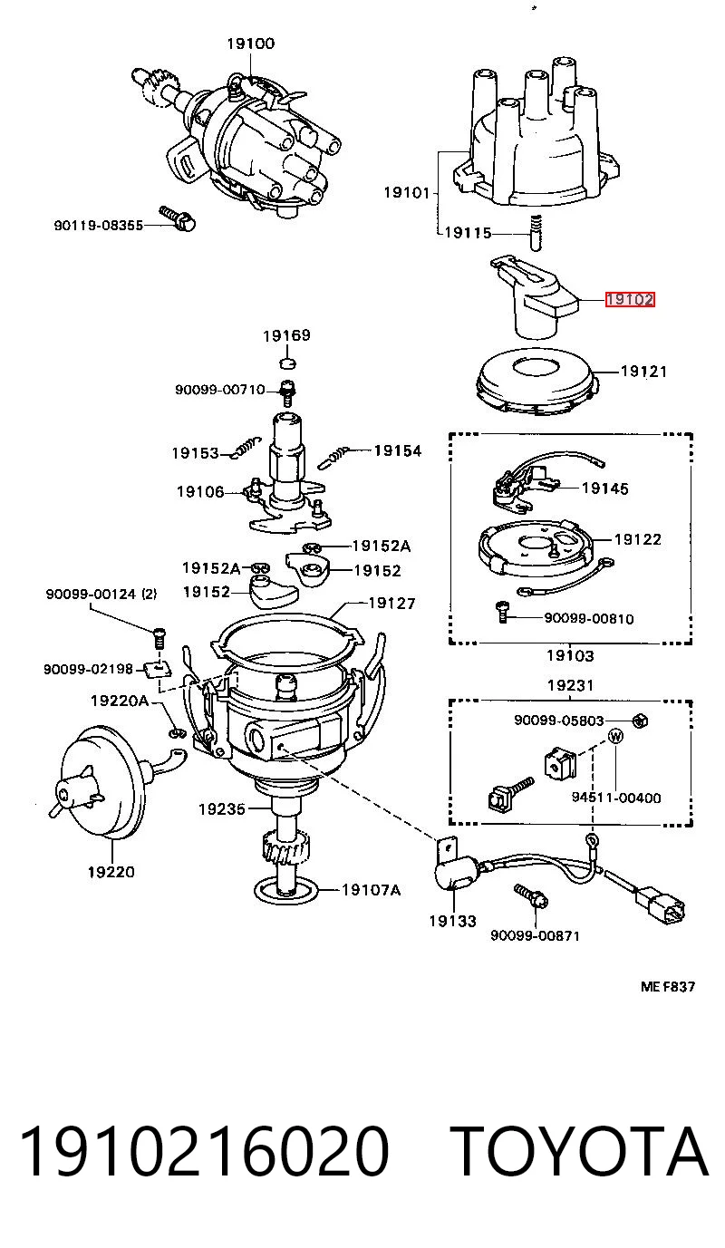 Rotor del distribuidor de encendido 1910216020 TOYOTA
