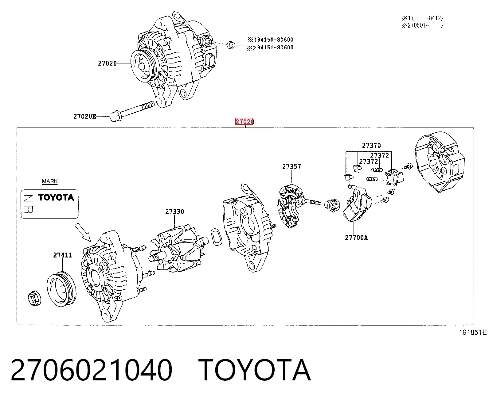 2706021040 Toyota Alternador de coche
