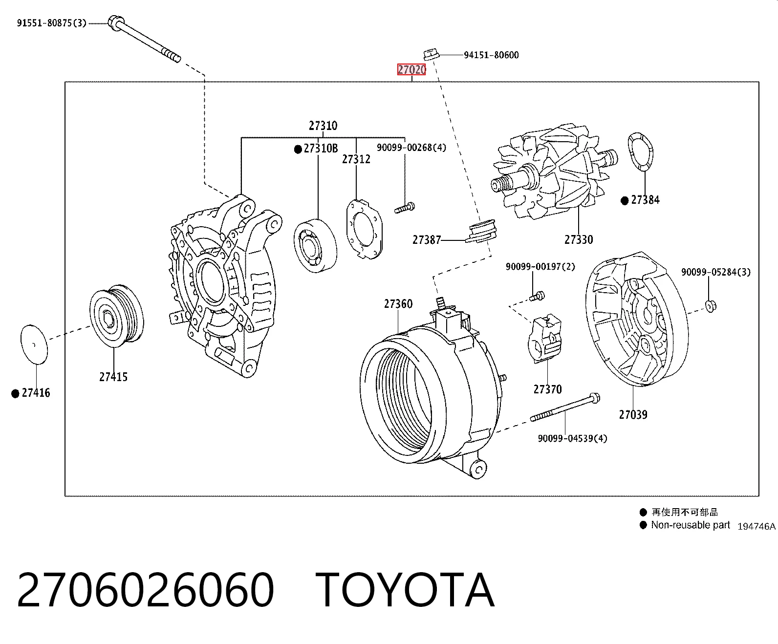 2706026060 Toyota Alternador de coche