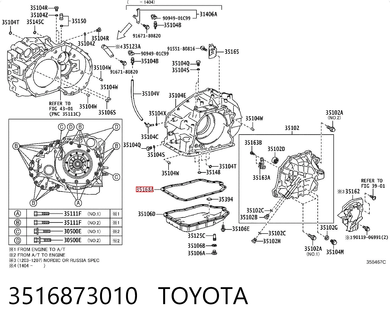 3516873010 Toyota Junta del cárter de aceite de la caja de cambios