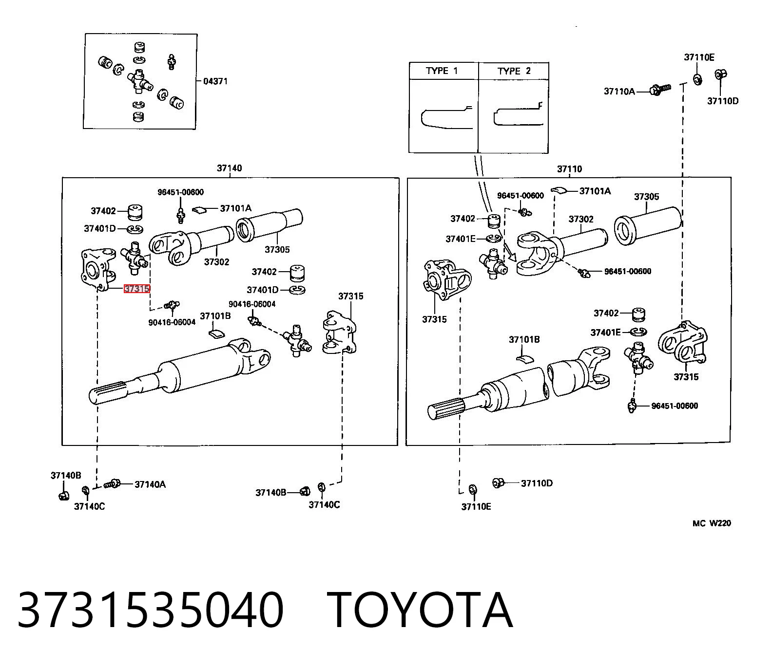 3731535040 Toyota Brida delantera del eje de transmisión