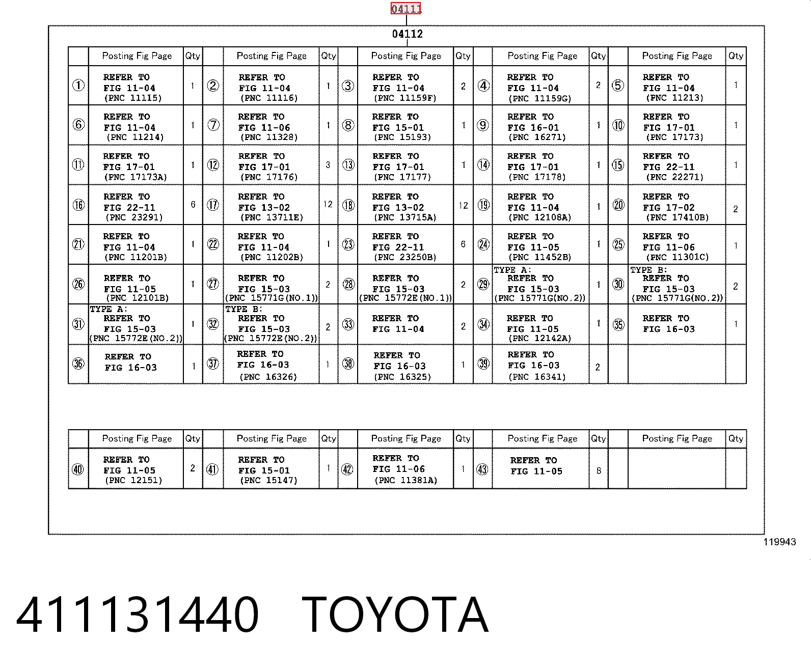 411131440 Toyota Juego juntas motor