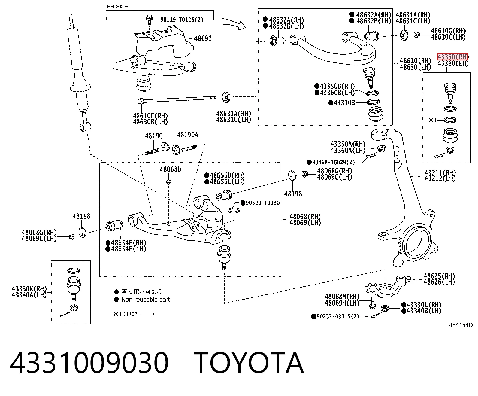4331009030 Toyota Rótula de suspensión superior