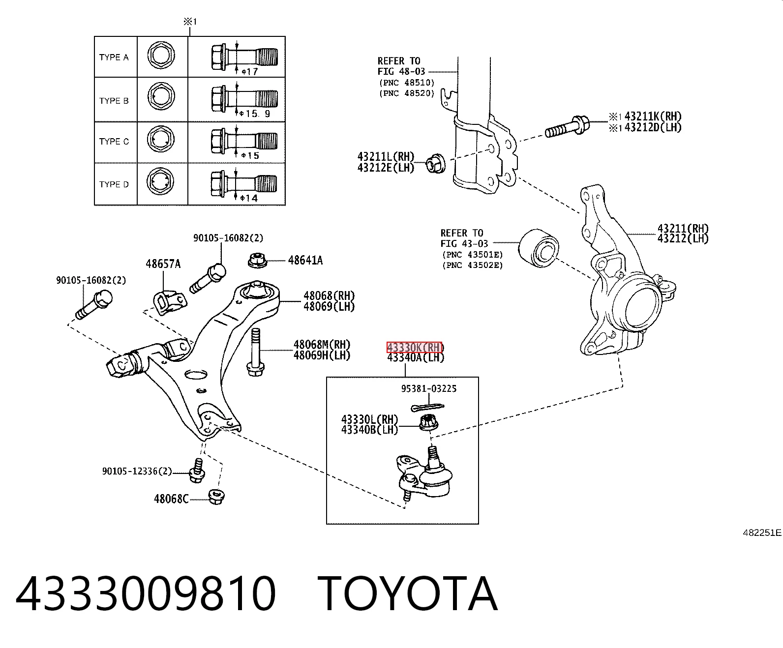 4333009810 Toyota Soporte de bola inferior derecho