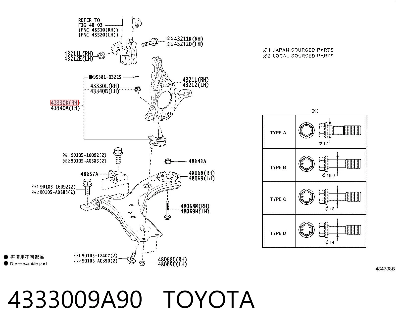 4333009A90 Toyota Rótula inferior de suspensión