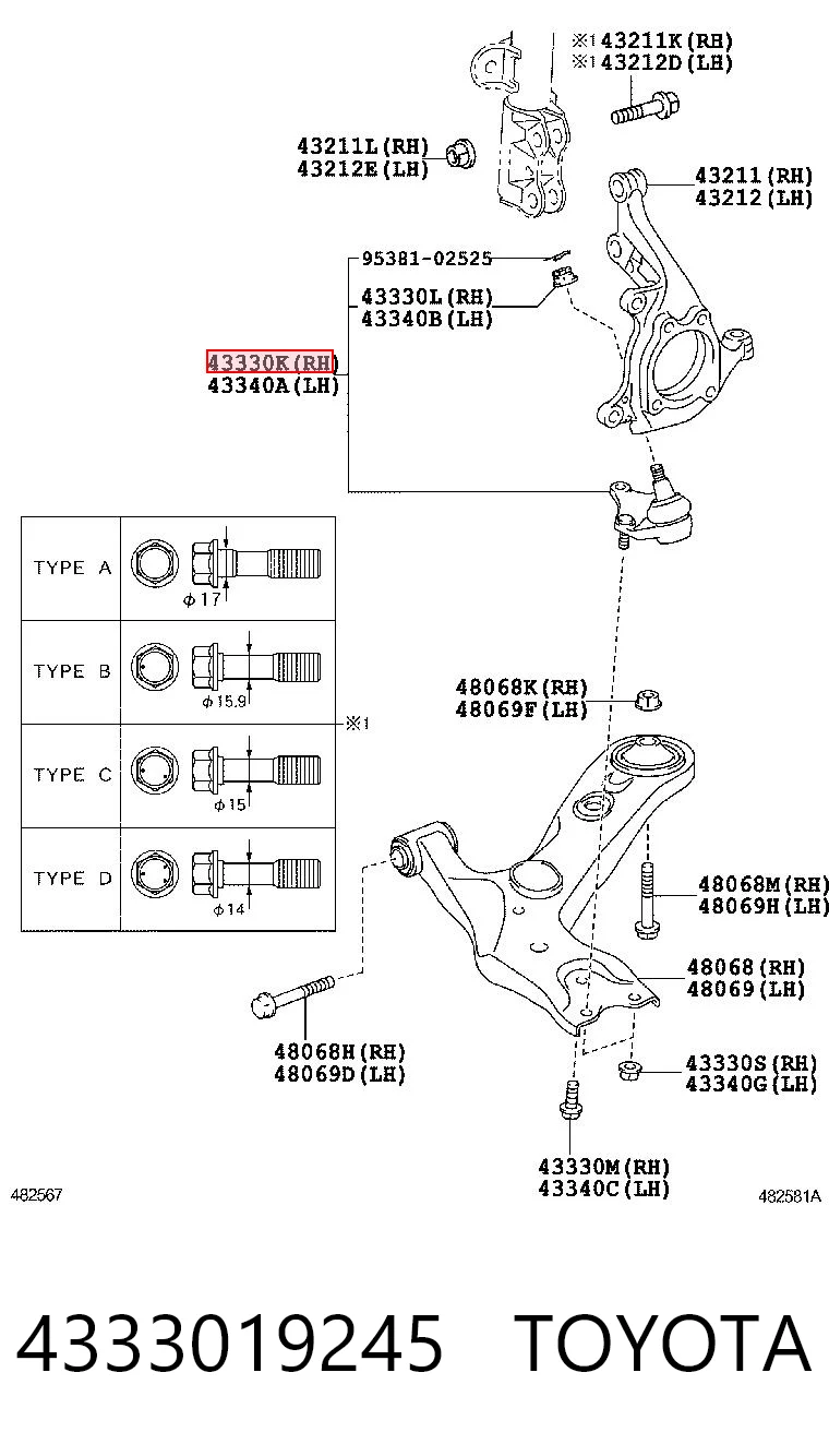 4333019245 Toyota Rótula inferior de suspensión
