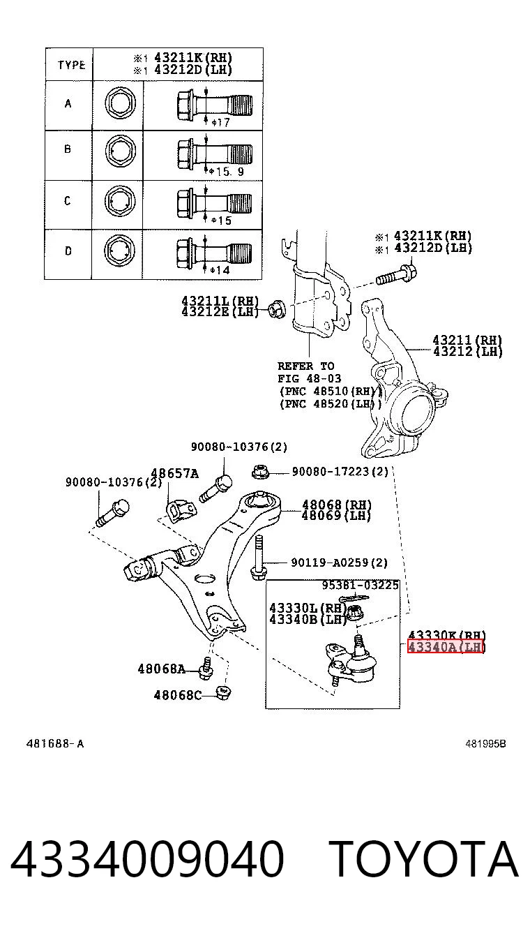 4334009040 Toyota Rótula de suspensión inferior izquierda