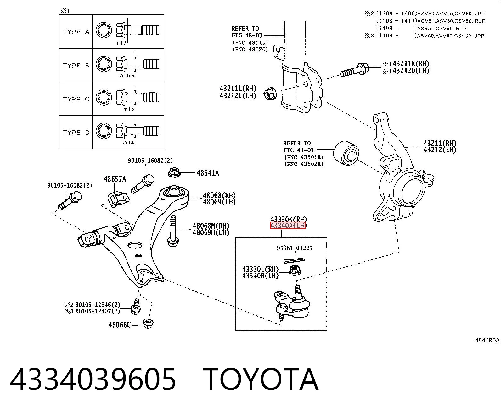 4334039605 Toyota Rótula de suspensión inferior izquierda