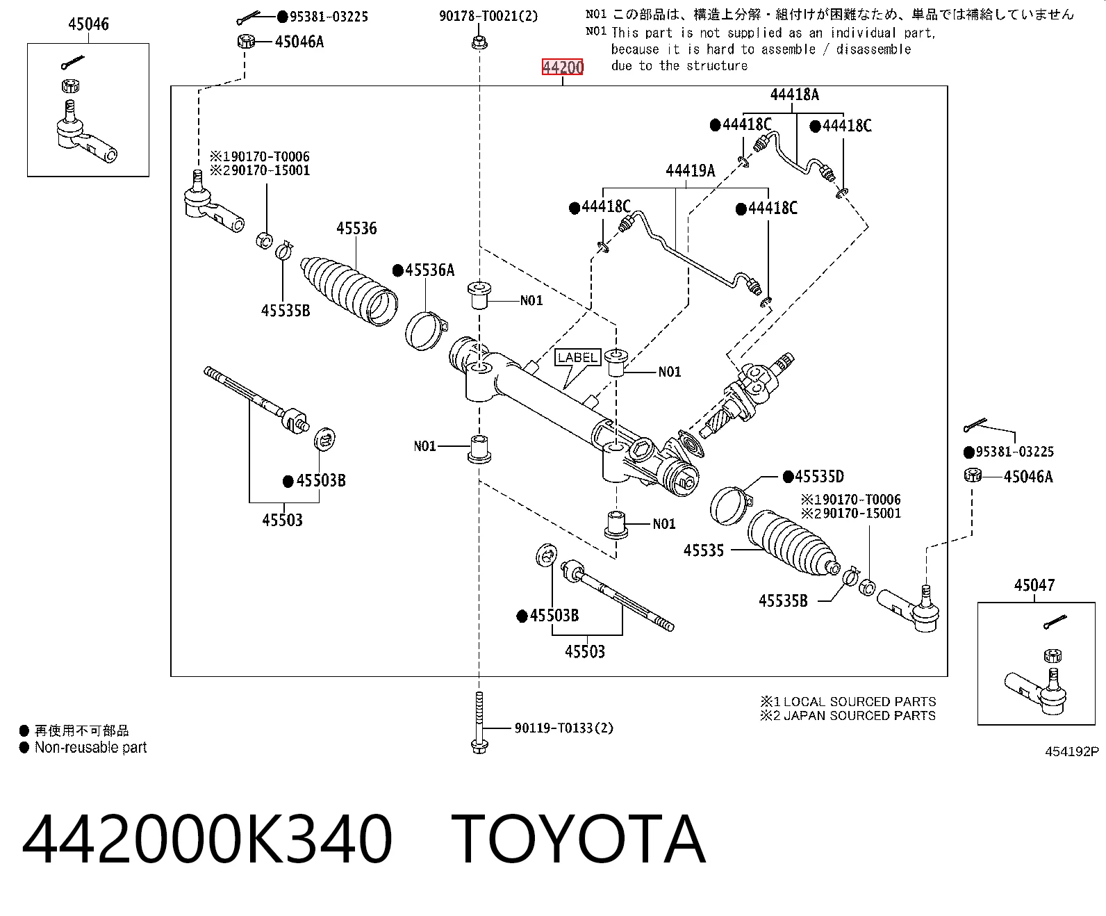 442000K340 Toyota Cremallera caja de direccion