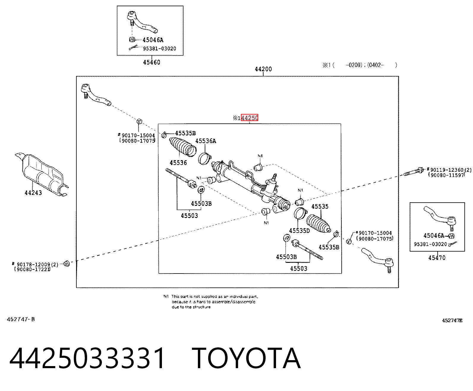 4425033331 Toyota Cremallera caja de direccion