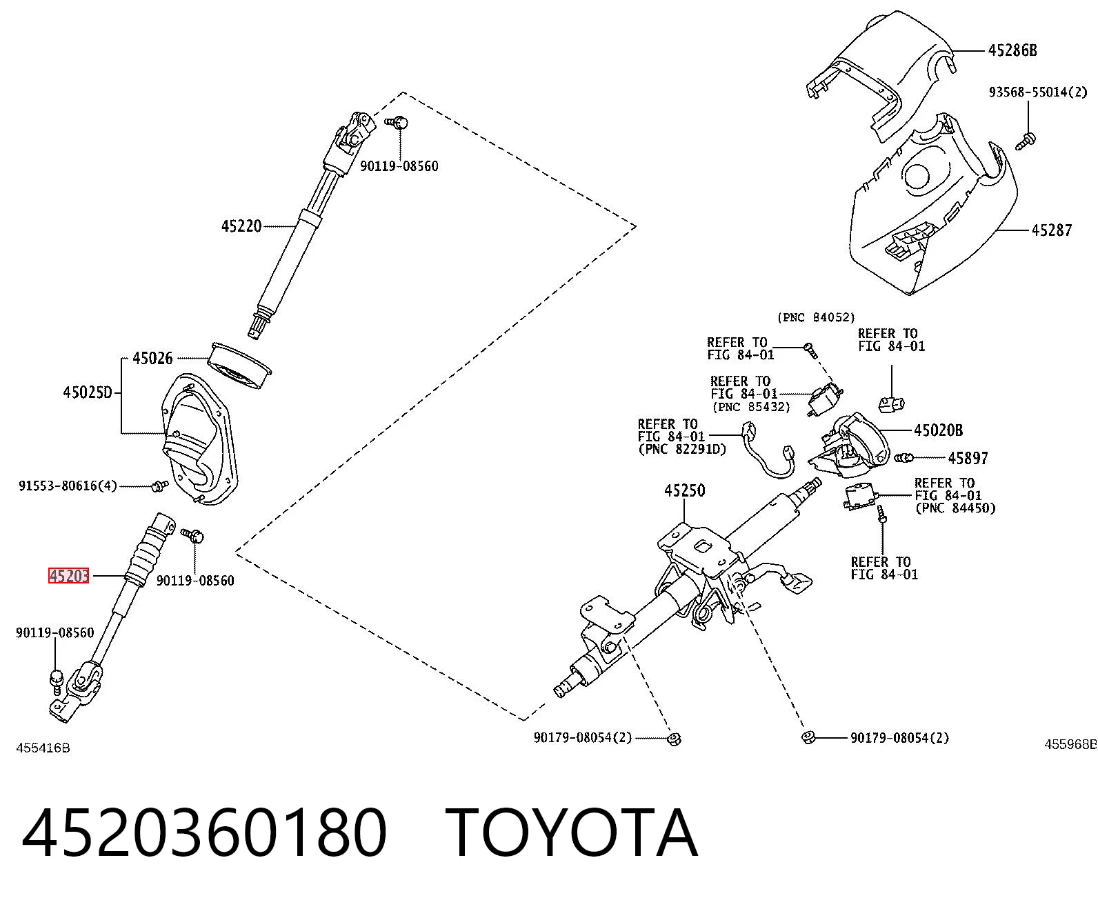 4520360180 Toyota Eje inferior de la columna de dirección