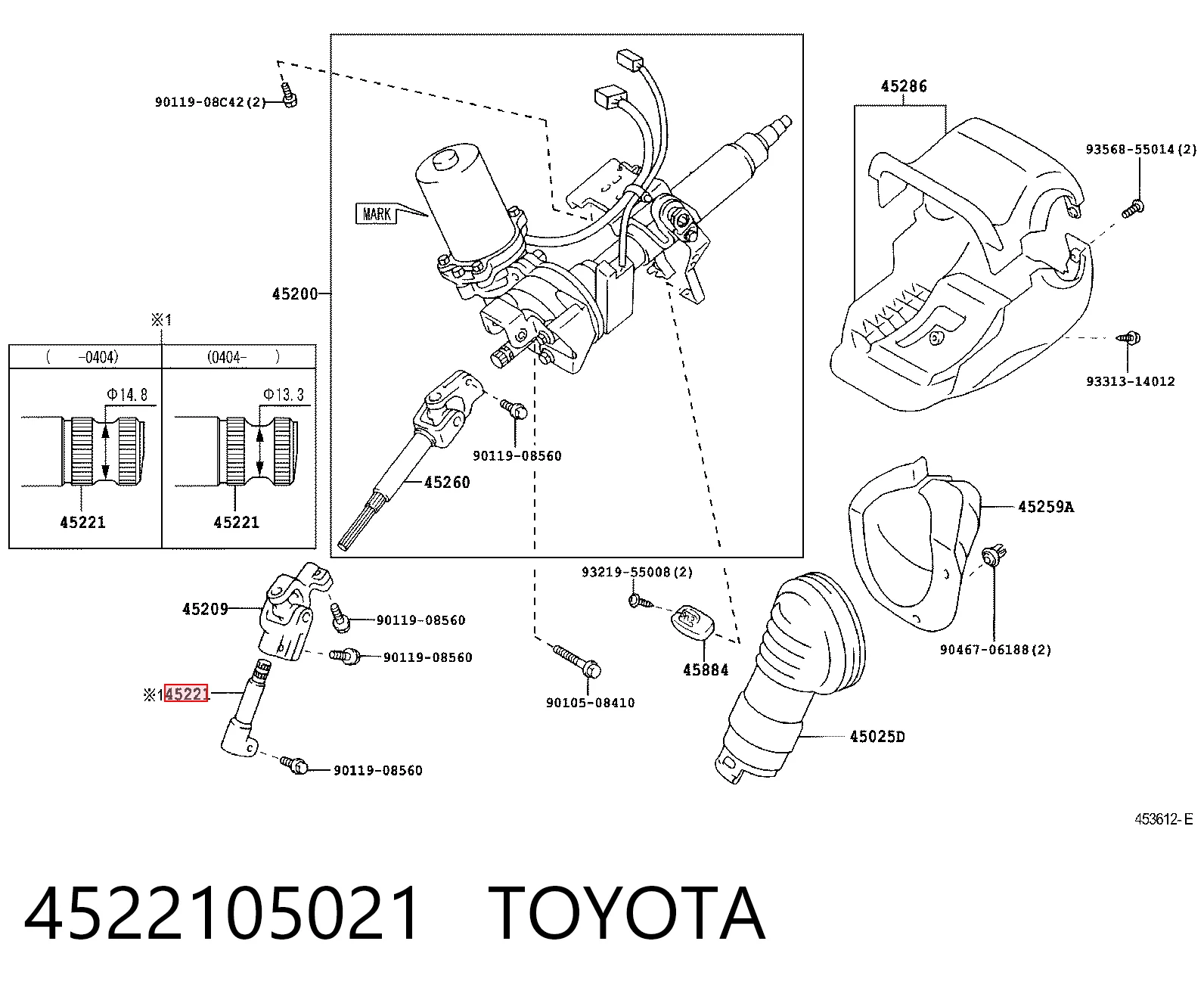 4522105021 Toyota Eje inferior de la columna de dirección