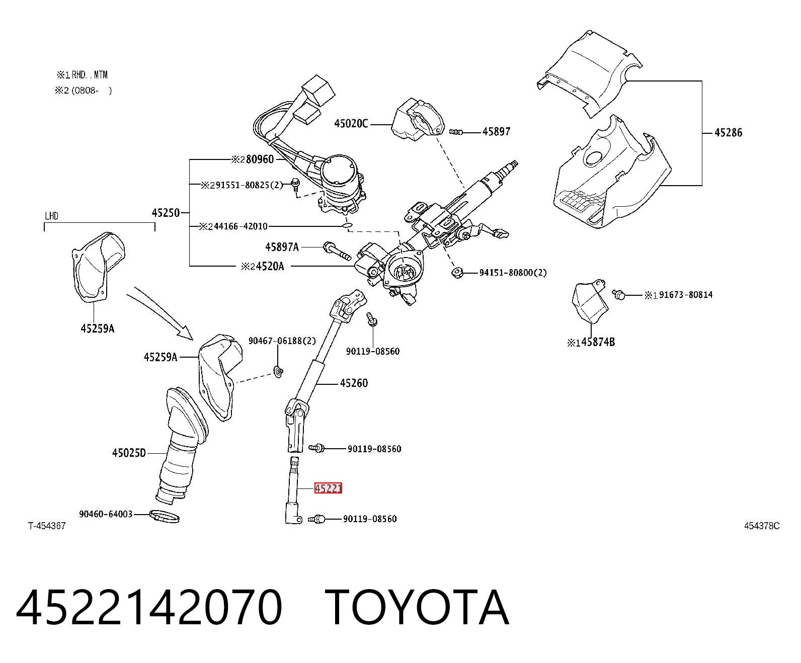 4522142070 Toyota Eje inferior de la columna de dirección