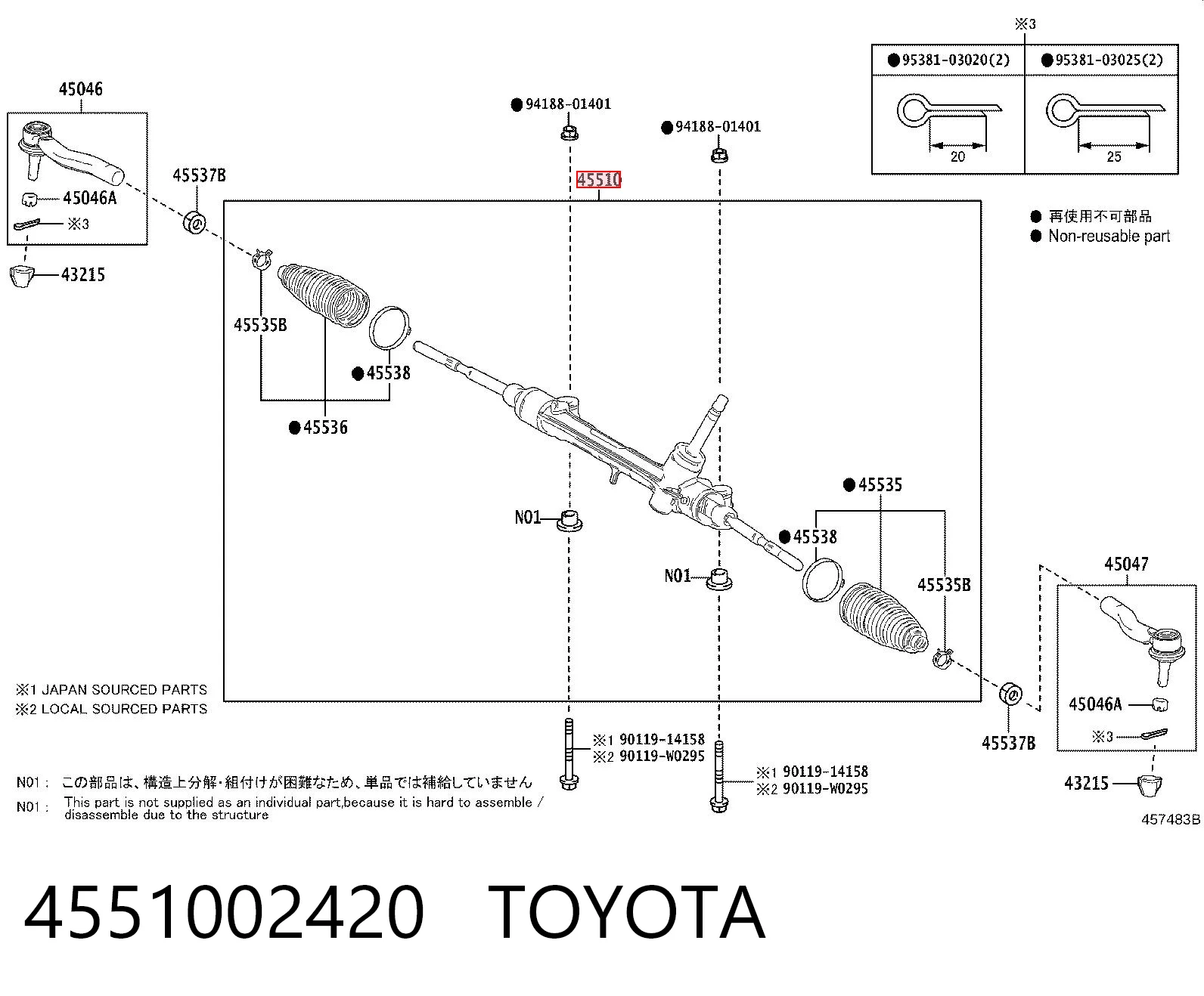 4551002420 Toyota Cremallera caja de direccion